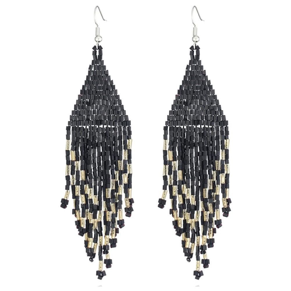 Black Bohemian Seed Bead Tassel Dangling Statement French Wire Hook Earrings
